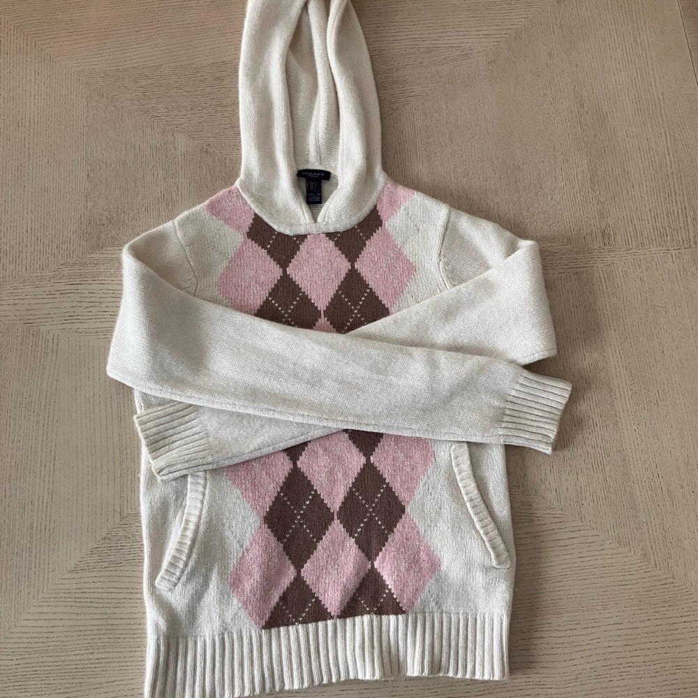 Gant Women's Argyle Knit Sweater Hoodie - Pink and Brown - Cashmere Blend